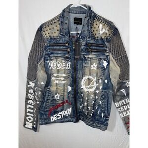 Rockstar Denim Jacket Studded Graphic Rebellion Print Men's Large NEW‎